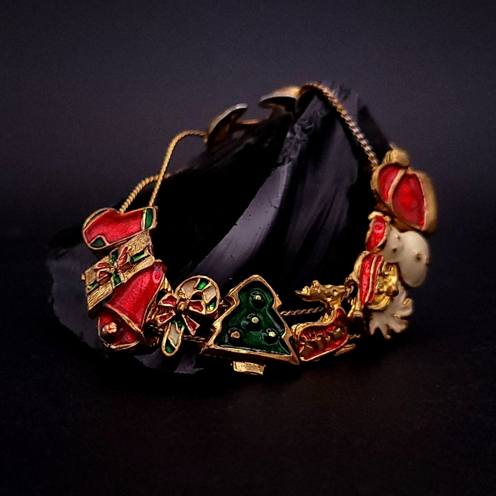 Vintage Enamel Christmas Slider Charm Bracelet Goldtone Holiday Jewelry 1960s